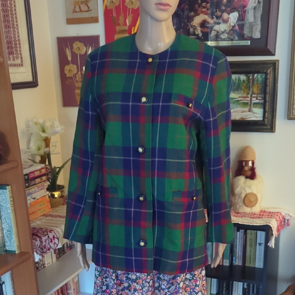 Vintage 1970s Avoca Collection Blue/Green Plaid Wool Blazer Made In Ireland